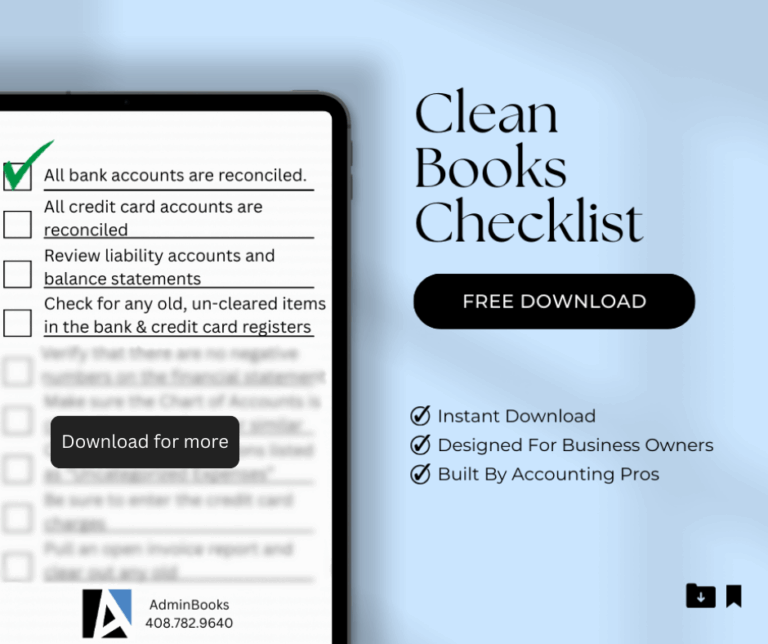 A digital bookkeeping checklist on a smartphone screen for reconciling bank accounts, titled Clean Books Checklist. Text highlights a free download option and features for business owners seeking organized finances by accounting professionals.