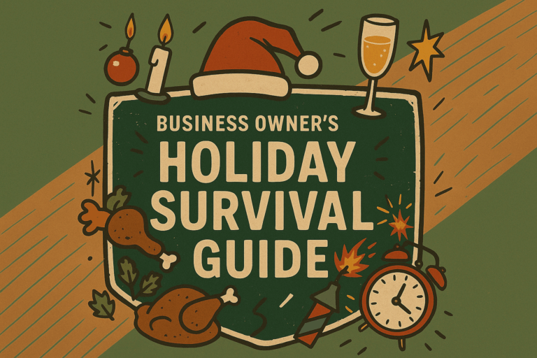 A festive illustration with a Santa hat, champagne glass, food, candle, clock, and holiday icons surrounding a sign that reads “Business Owner’s Holiday Survival Guide,” featuring small business accounting tips on a green and tan background.