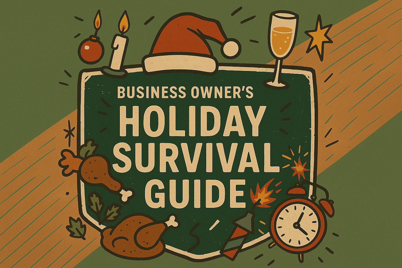 A festive illustration with a Santa hat, champagne glass, food, candle, clock, and holiday icons surrounding a sign that reads “Business Owner’s Holiday Survival Guide,” featuring small business accounting tips on a green and tan background.
