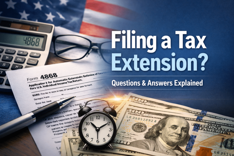 A tax extension form, calculator, glasses, pen, clock, and U.S. currency on a desk with an American flag. Text reads: Filing a Tax Extension? Questions & Answers Explained.